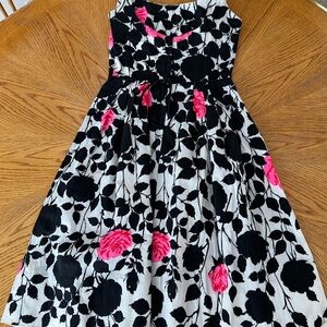 Elegant Black and White Floral Summer Midi Dress with Pink Accents